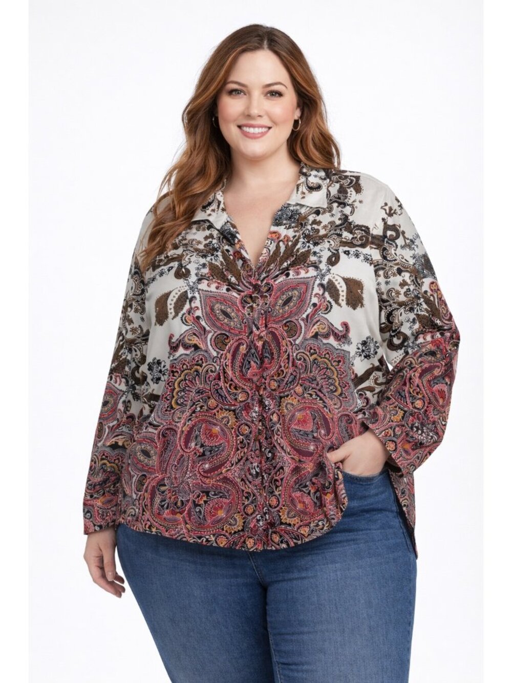 JM Collection Blouse Women's XL Multi Paisley Medallion Stretch Knit Retro Boho